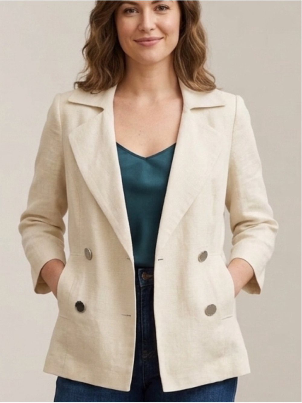 Women's Adrienne Vittadini Beige Linen Double-Breasted Blazer Size 10